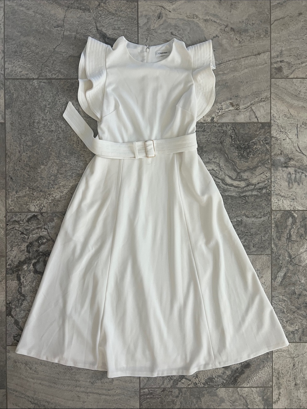 Calvin Klein White Ruffle-Sleeve Belted A-Line Dress